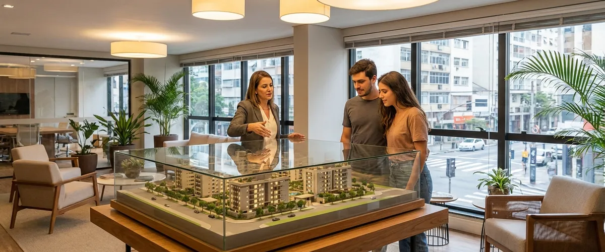 Corretora mostrando planta de apartamento para casal